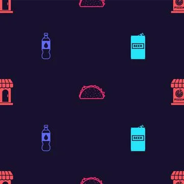Set Beer can, Bottle of water, Taco with tortilla and Pizzeria building facade Ilustración de archivo