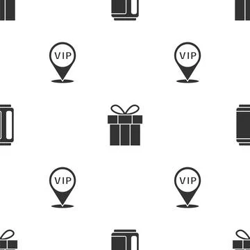 Set Beer can, Gift box and Location Vip on seamless pattern. Vector Illustrazione stock