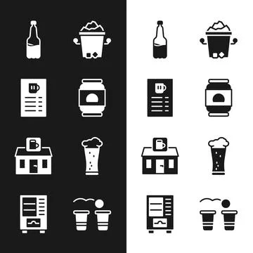 Set Beer can, menu, Plastic beer bottle, Ice bucket, Store building of shop Ilustración de archivo