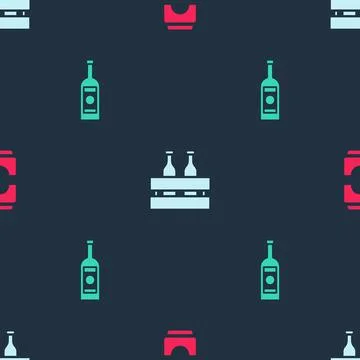 Set Beer can, Pack of beer bottles and Glass vodka on seamless pattern. Vector Stock Illustration