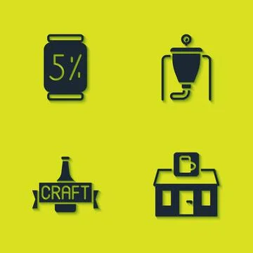 Set Beer can, Store building of beer shop, bottle and brewing process icon Ilustración de archivo