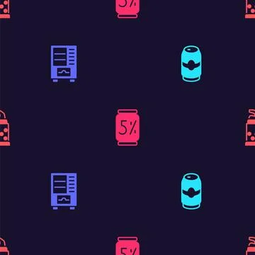 Set Beer can, Vending machine,  and Bottle opener on seamless pattern. Vector Stock Illustration