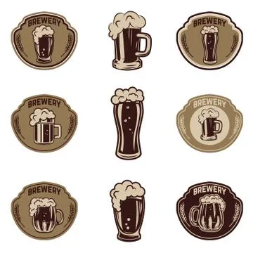 Set of beer emblems on white background. Beer mugs. Design elements for logo, Stock Illustration
