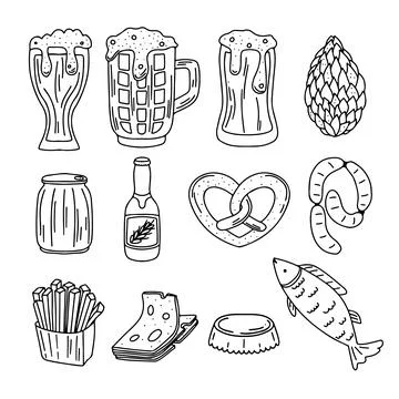 Set of beer in hand drawn doodle style. Beer and snacks in sketch style. Isol Ilustración de archivo