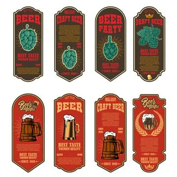 Set of beer labels with illustrations of beer mug and hop. Vector illustratio Stock Illustration