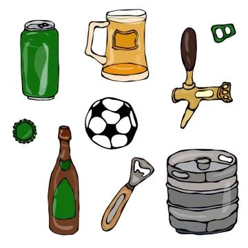 Set of Beer Objects: Can and Key, Mug, Tap, Bottle, Football Ball, Opener, Keg Stock Illustration