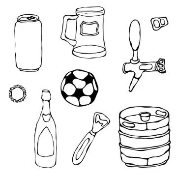Set of Beer Objects: Can and Key, Mug, Tap, Bottle, Football Ball, Opener, Keg Stock Illustration