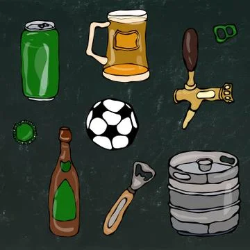Set of Beer Objects: Can and Key, Mug, Tap, Bottle, Football Ball, Opener, Keg Stock Illustration