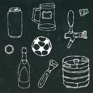 Set of Beer Objects: Can and Key, Mug, Tap, Bottle, Football Ball, Opener, Keg Stock Illustration
