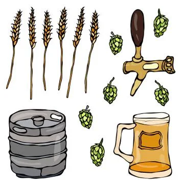 Set of Beer Objects: Hop, Malt, Mug, Tap, Keg. Isolated On a White Background Stock Illustration