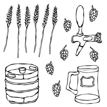 Set of Beer Objects: Hop, Malt, Mug, Tap, Keg. Isolated On a White Background Stock Illustration