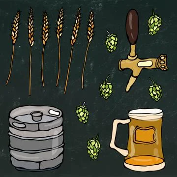 Set of Beer Objects: Hop, Malt, Mug, Tap, Keg. Isolated on a Black Chalkboard Stock Illustration