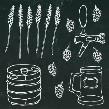 Set of Beer Objects: Hop, Malt, Mug, Tap, Keg. Isolated on a Black Chalkboard Stock Illustration