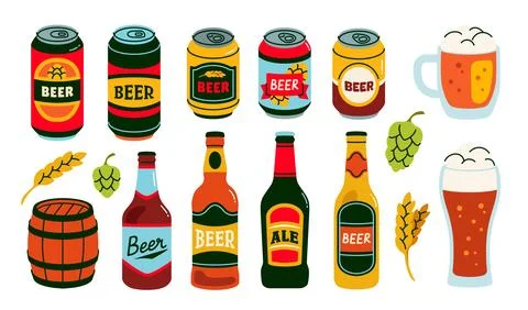 Set of beer stickers. Alcoholic drinks in cans, bottles, glass mugs and wooden Stock Illustration