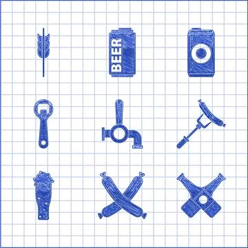 Set Beer tap Crossed sausage beer bottle Sausage on the fork Glass of Bottle  库存插图