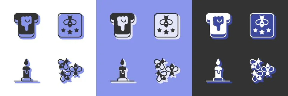 Set Bees, Bread with honey, Burning candle and Type of bee icon. Vector Stock Illustration