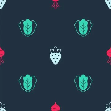 Set Beet, Strawberry and Cabbage on seamless pattern. Vector Illustrazione stock