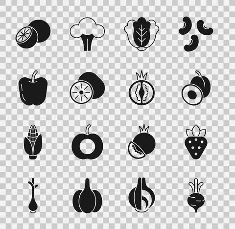 Set Beet, Strawberry, Plum fruit, Cabbage, Kiwi, Apple, Orange and Tomato icon Ilustração Stock