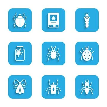 Set Beetle bug, Ant, Mite, Clothes moth, Spider in jar, Larva insect and icon Illustration