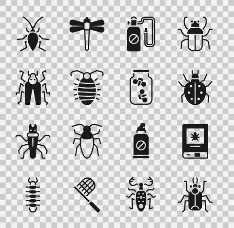 Set Beetle bug, Book about insect, Mite, Pressure sprayer, Larva, Cockroach and Stock Illustration