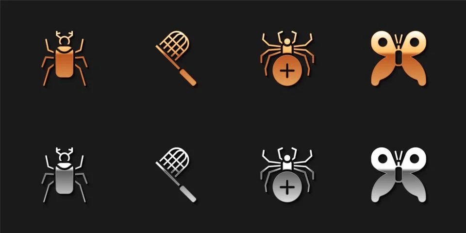 Set Beetle bug, Butterfly net, Spider and icon. Vector Illustrazione stock