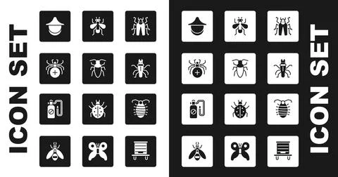 Set Beetle bug, Cockroach, Spider, Beekeeper hat, Termite, Insect fly, Larva Stock Illustration