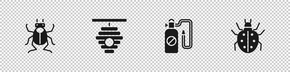 Set Beetle bug, Hive for bees, Pressure sprayer and Mite icon. Vector Illustrazione stock