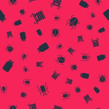 Set Beetle bug, Hive for bees, Glass jar and Mite on seamless pattern. Vector Stock Illustration