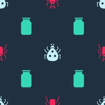 Set Beetle bug, Ladybug and Glass jar on seamless pattern. Vector Ilustración de archivo