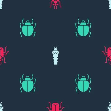 Set Beetle bug, Larva insect and Mite on seamless pattern. Vector Stock Illustration