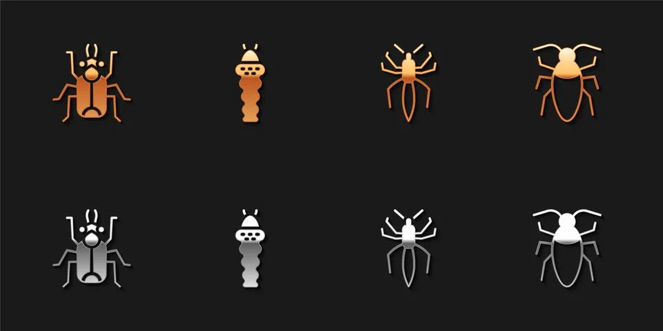 Set Beetle bug, Larva insect, Spider and Cockroach icon. Vector Stock Illustration