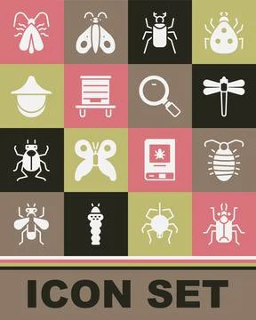 Set Beetle bug, Larva insect, Dragonfly, Hive for bees, Beekeeper hat, Clothes Stock Illustration