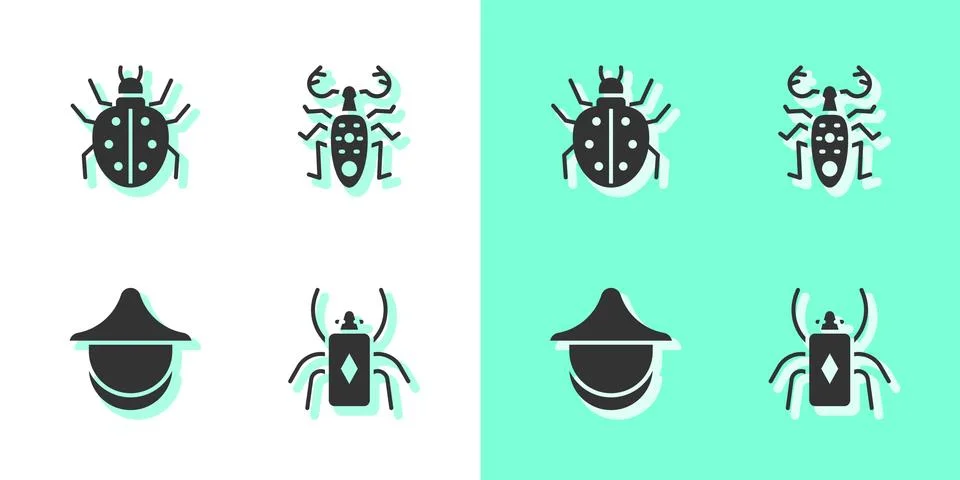 Set Beetle bug, Mite, Beekeeper hat and deer icon. Vector Stock Illustration