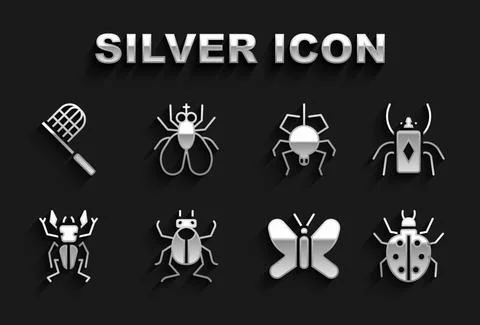 Set Beetle bug, Mite, Butterfly, deer, Spider, net and Insect icon. Vector Illustrazione stock