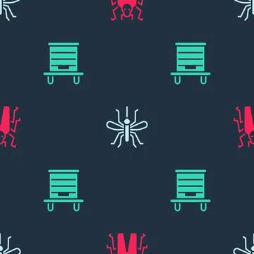 Set Beetle bug, Mosquito and Hive for bees on seamless pattern. Vector Stock Illustration