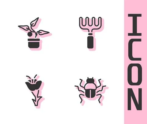 Set Beetle bug, Plant in pot, Flower and Garden rake icon. Vector 스톡 일러스트