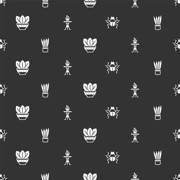 Set Beetle bug, Plant in pot, and on table on seamless pattern. Vector Illustrazione stock
