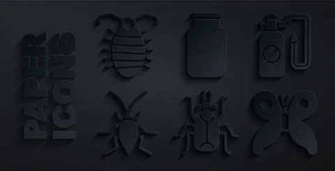 Set Beetle bug, Pressure sprayer, Cockroach, Butterfly, Glass jar and Larva Stock Illustration