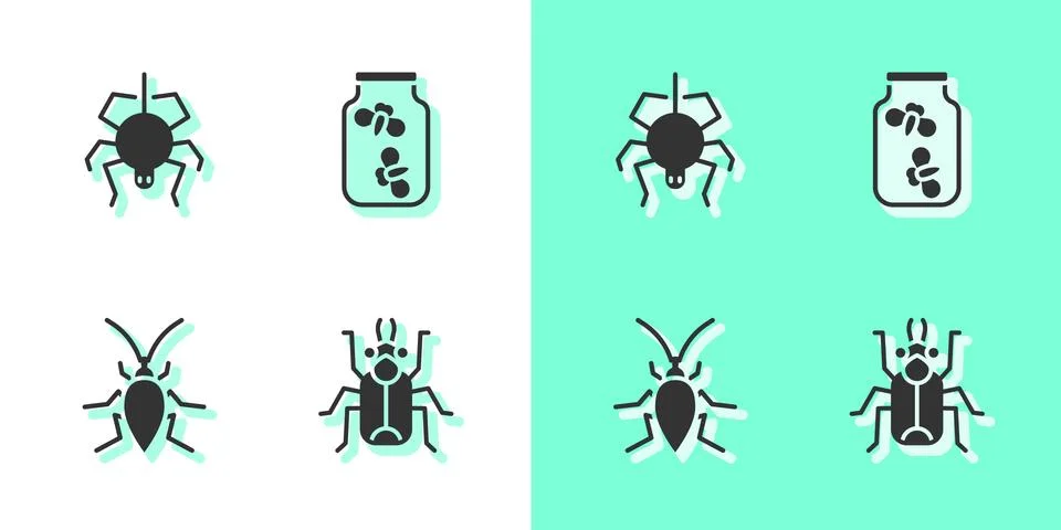 Set Beetle bug, Spider, Cockroach and Fireflies bugs in jar icon. Vector Illustrazione stock