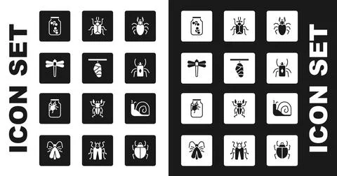 Set Beetle deer, Butterfly cocoon, Dragonfly, Fireflies bugs in jar, Snail .. Stock Illustration