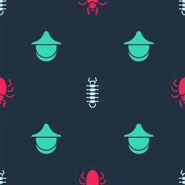 Set Beetle deer, Centipede and Beekeeper hat on seamless pattern. Vector Stock Illustration