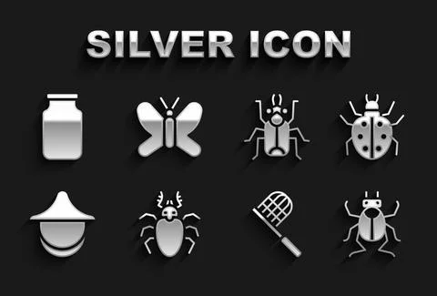 Set Beetle deer, Mite, bug, Butterfly net, Beekeeper hat, Glass jar and icon Ilustración de archivo