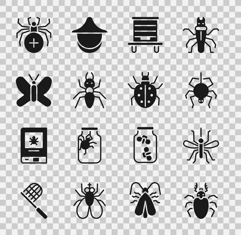 Set Beetle deer, Mosquito, Spider, Hive for bees, Ant, Butterfly, and Mite icon Illustration