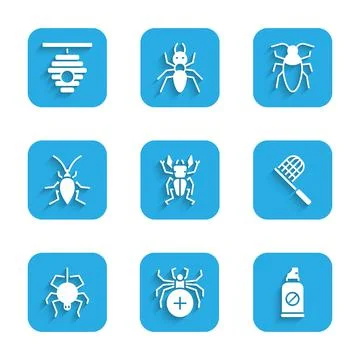 Set Beetle deer, Spider, Spray against insects, Butterfly net, Cockroach, and Illustrazione stock