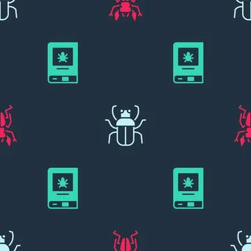 Set Beetle deer, Stink bug and Book about insect on seamless pattern. Vector イラスト素材