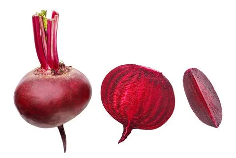 Set of beetroot, half and piece cut out on a white. Top view Stock Photos