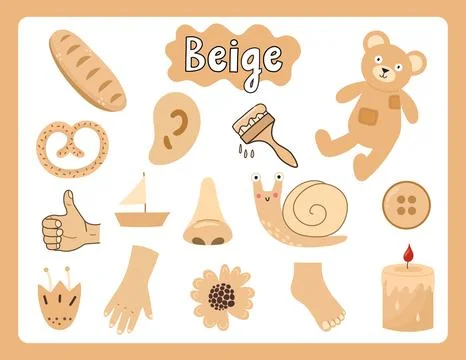 Set of beige color objects. Primary colors flashcard with beige elements Stock Illustration