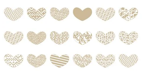 Set of beige isolated hearts with different patterns. Objects can be used for Illustrazione stock