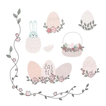 Set of beige pastel color vector illustrations for easter with bunny, flowers Stock Illustration