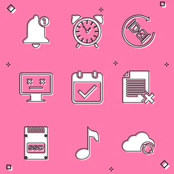 Set Bell, Alarm clock, Waiting, Dead monitor, Calendar with check mark and Stock Illustration